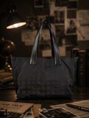 Chanel Travel Line Tote Black Nylon CC Logo Shoulder Bag Large Italy Authentic